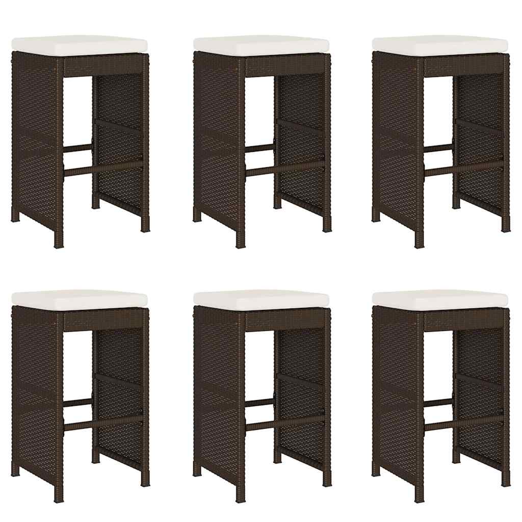 6 Brown Poly Rattan Garden Bar Stools with Cushions Set