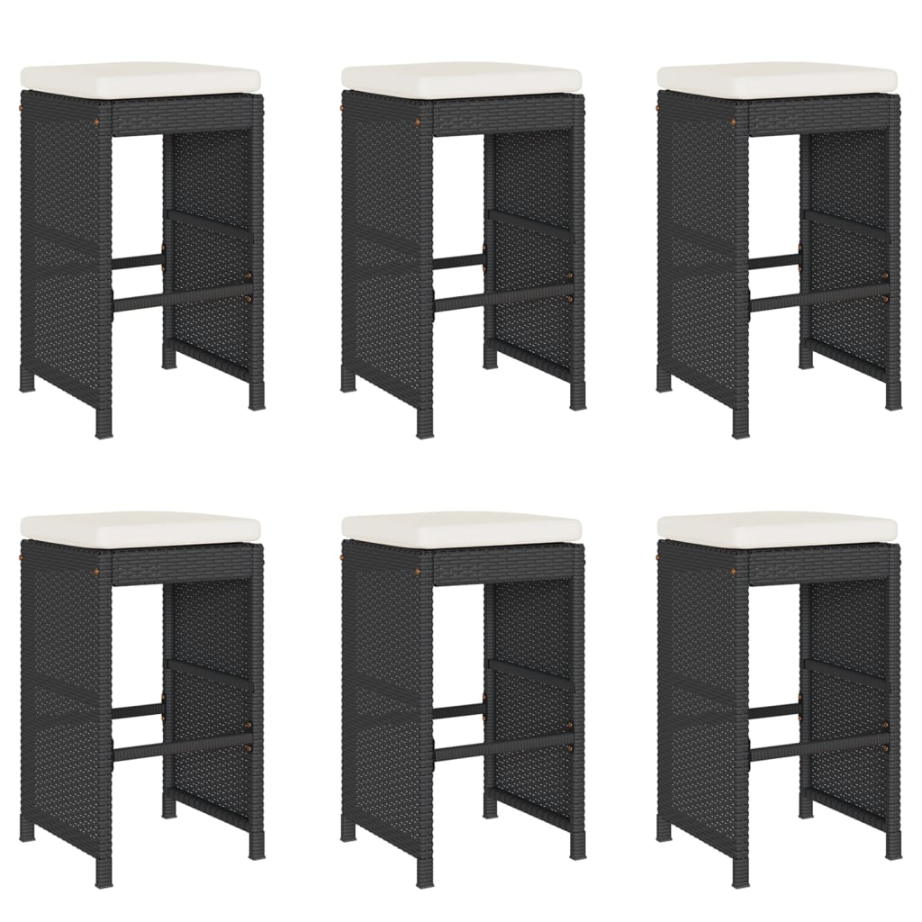 6-Piece Black Poly Rattan Garden Bar Stools with Cushions