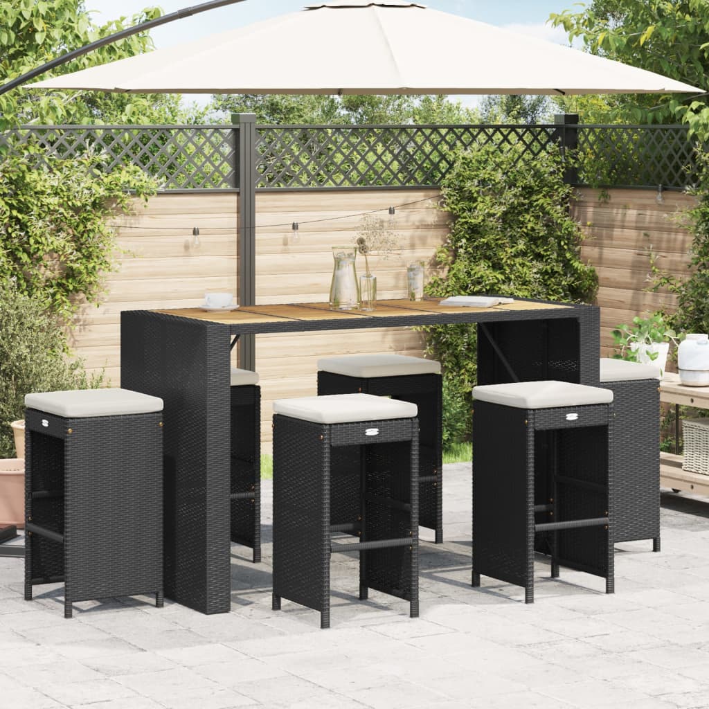 6-Piece Black Poly Rattan Garden Bar Stools with Cushions