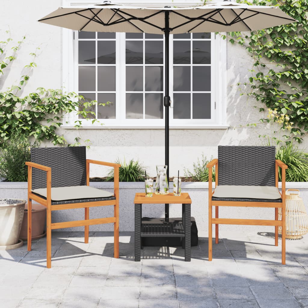 Black Poly Rattan & Wood Garden Chairs with Cushions - 2 Piece Set