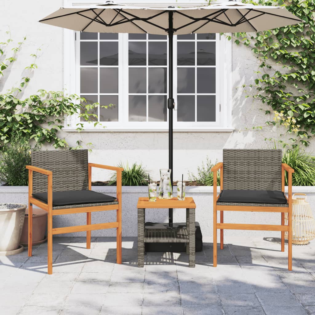 Grey Poly Rattan & Wood Garden Chairs with Cushions, 2-Piece Set