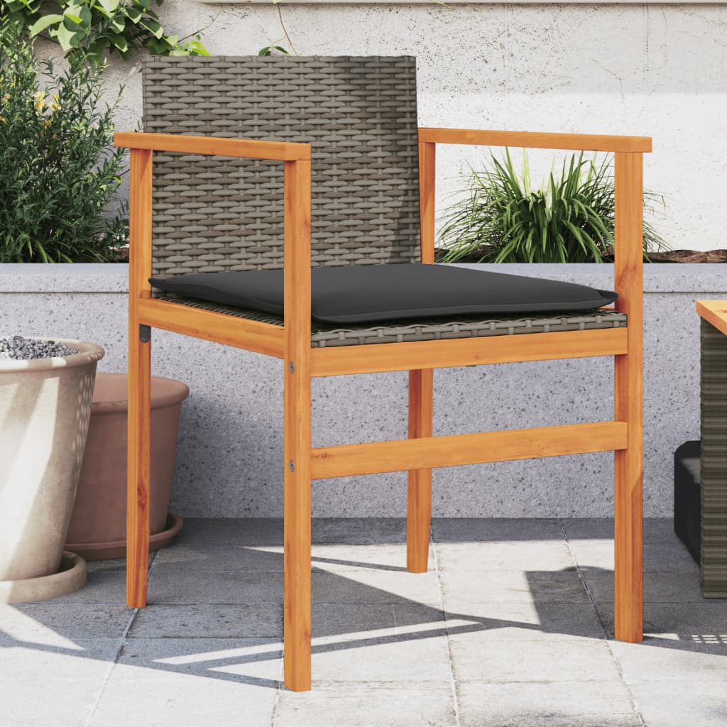 Grey Poly Rattan & Wood Garden Chairs with Cushions, 2-Piece Set