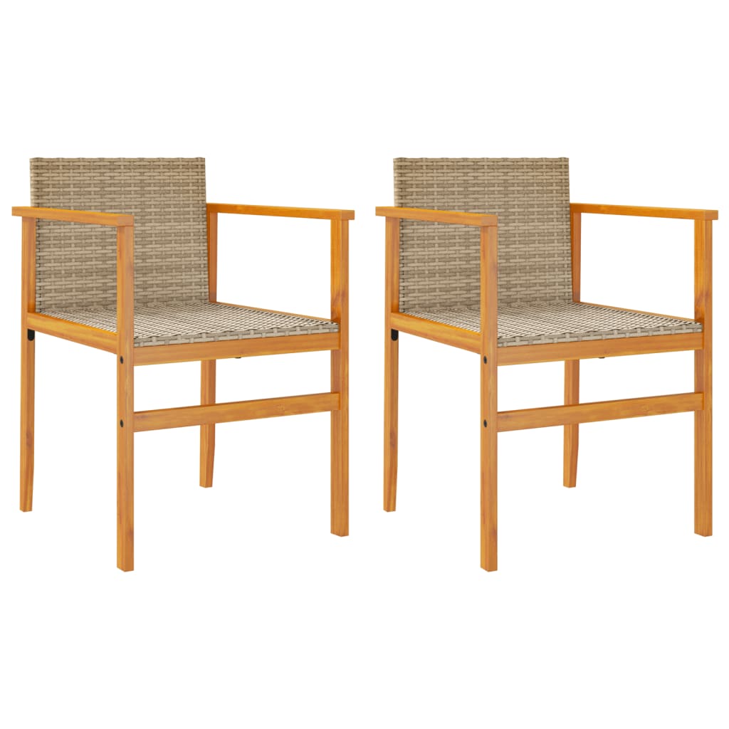 Beige Poly Rattan & Wood Garden Chairs with Cushions - Set of 2