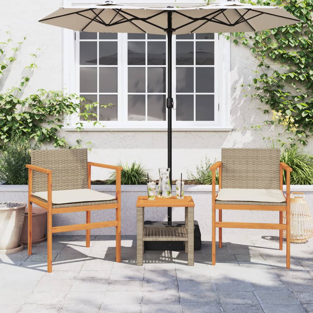 Beige Poly Rattan & Wood Garden Chairs with Cushions - Set of 2