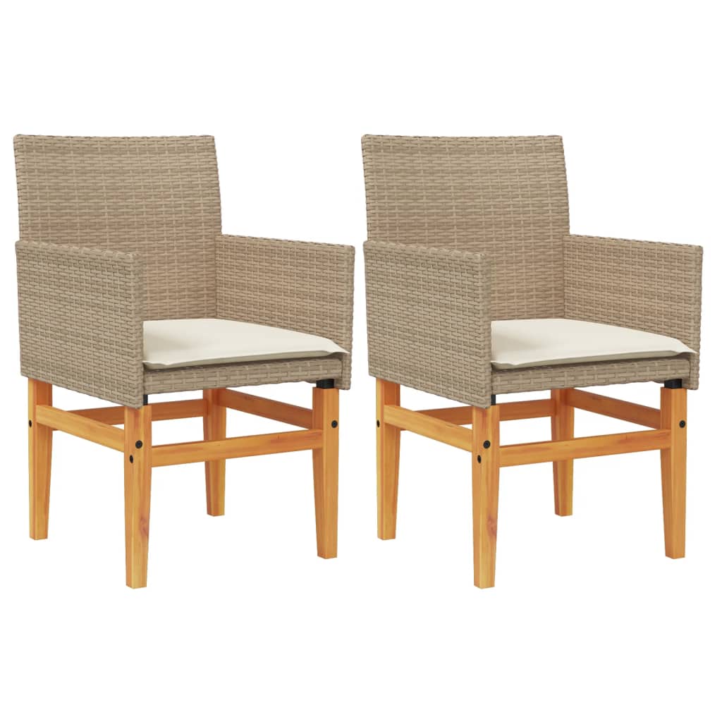 Beige Poly Rattan & Wood Garden Chairs with Cushions - 2 Pieces