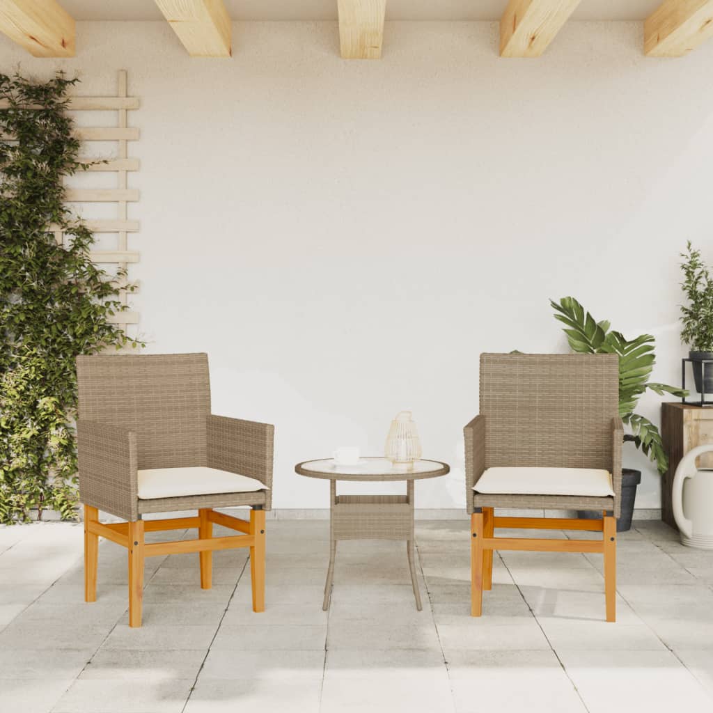 Beige Poly Rattan & Wood Garden Chairs with Cushions - 2 Pieces