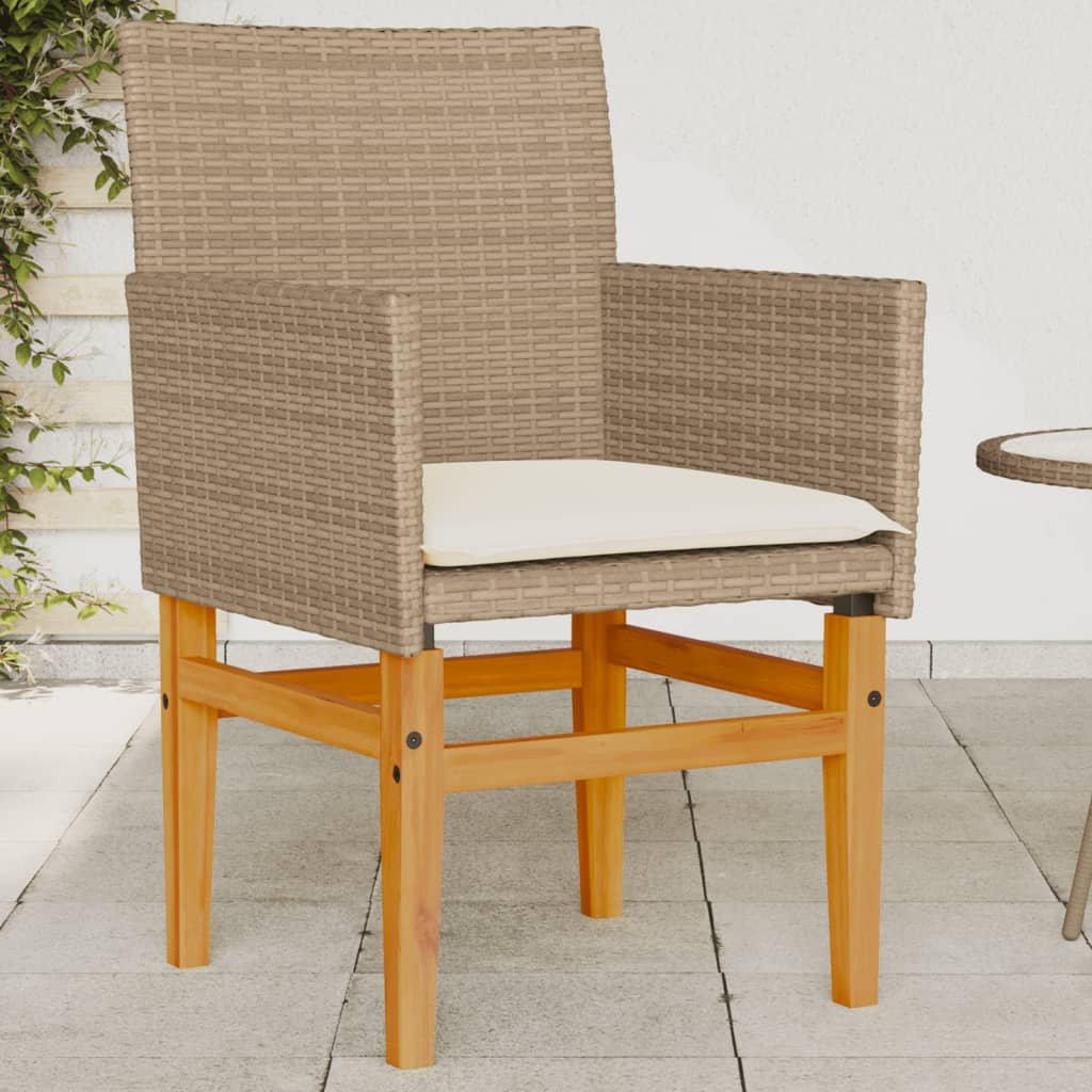 Beige Poly Rattan & Wood Garden Chairs with Cushions - 2 Pieces