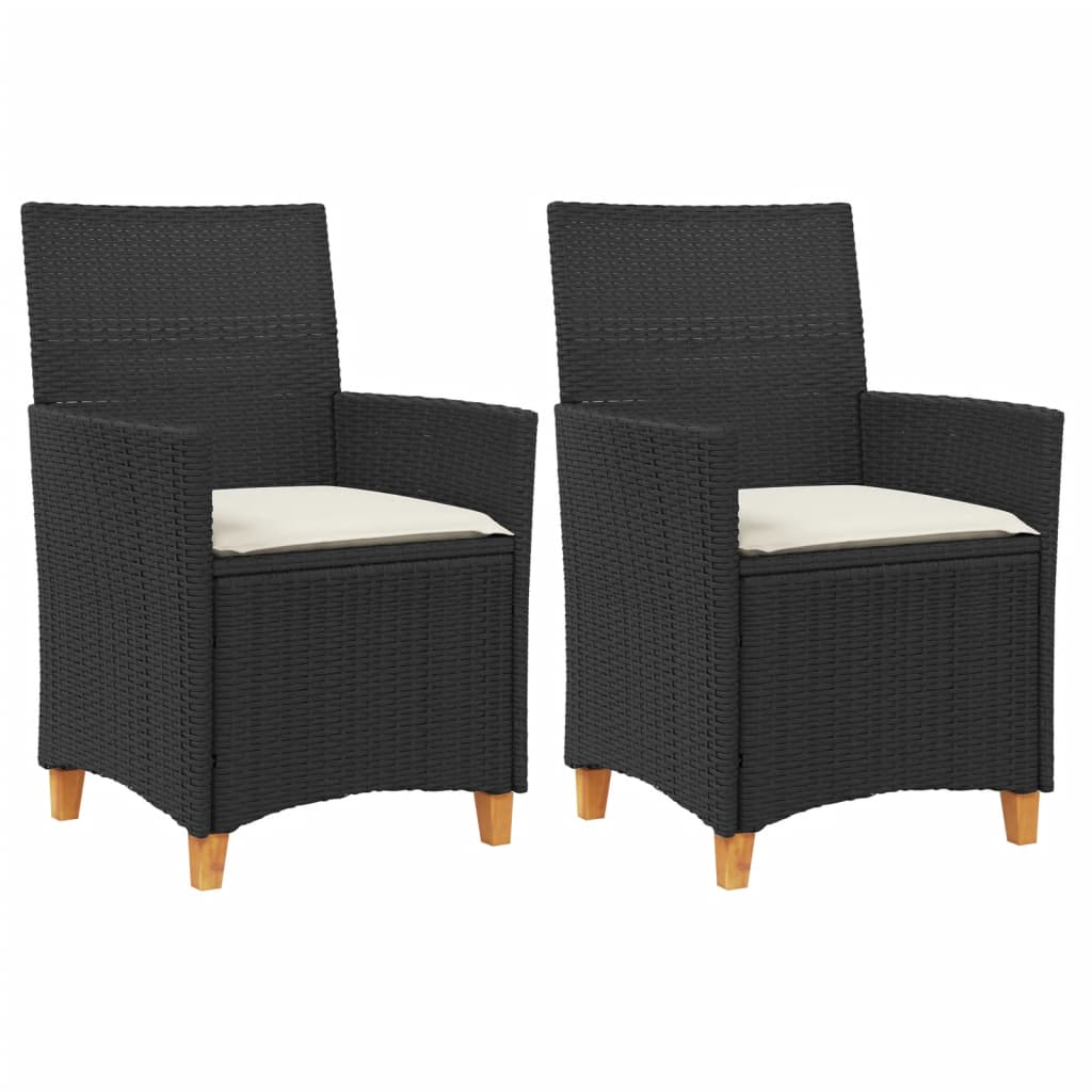 Black Poly Rattan & Wood Garden Chairs with Cushions, 2-Piece Set