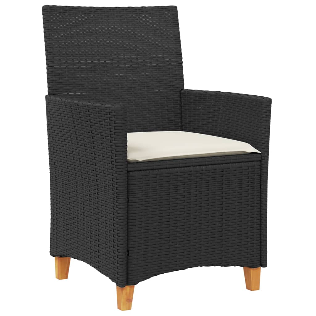 Black Poly Rattan & Wood Garden Chairs with Cushions, 2-Piece Set