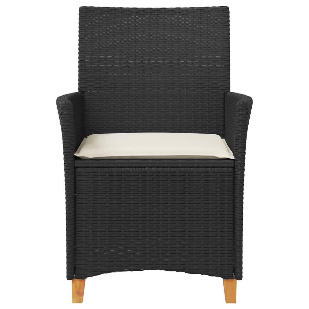 Black Poly Rattan & Wood Garden Chairs with Cushions, 2-Piece Set