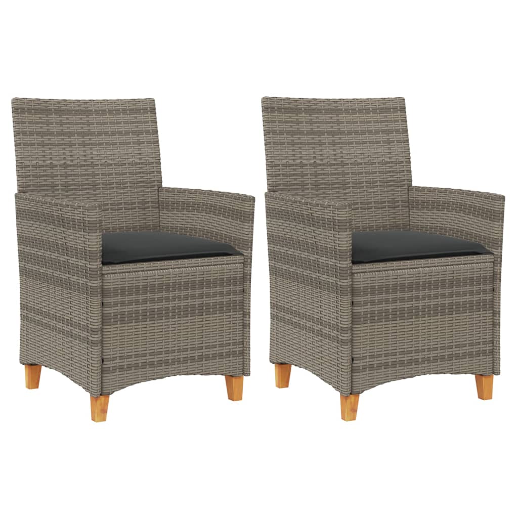 Grey Poly Rattan & Wood Garden Chairs with Cushions - 2pcs Set