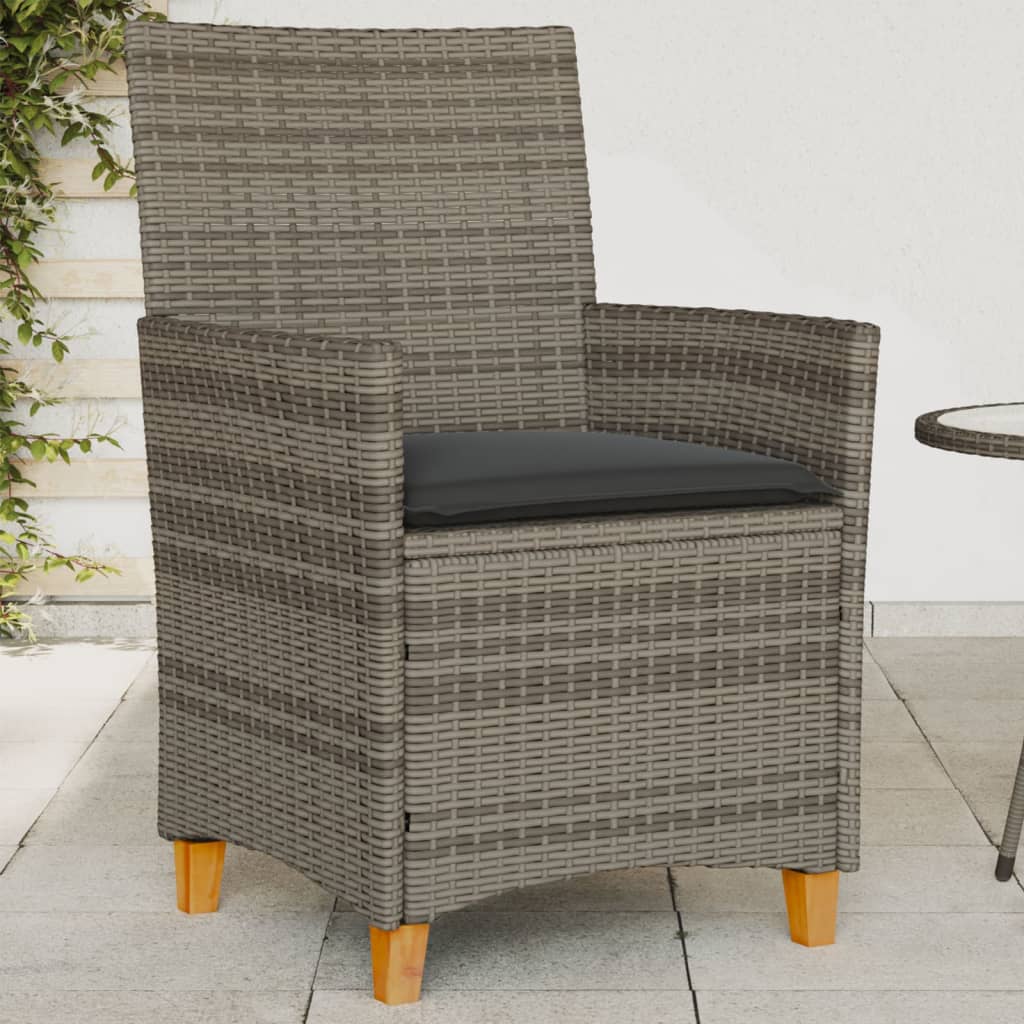 Grey Poly Rattan & Wood Garden Chairs with Cushions - 2pcs Set