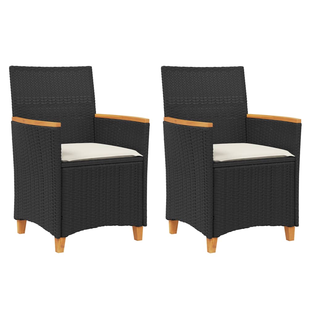 Black Poly Rattan & Wood Garden Chairs with Cushions - Set of 2