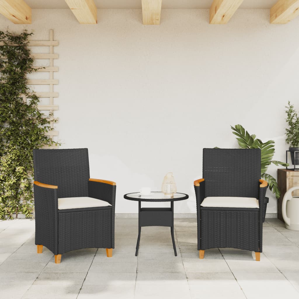 Black Poly Rattan & Wood Garden Chairs with Cushions - Set of 2