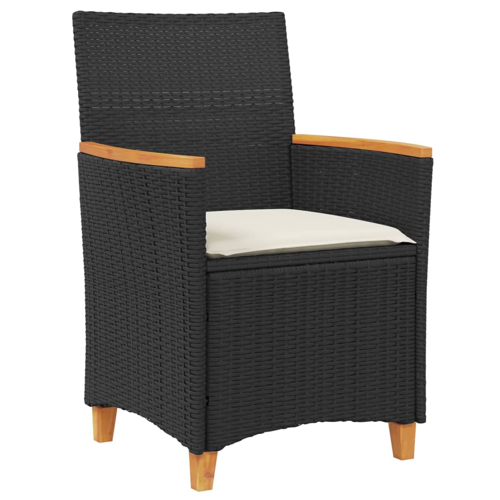 Black Poly Rattan & Wood Garden Chairs with Cushions - Set of 2