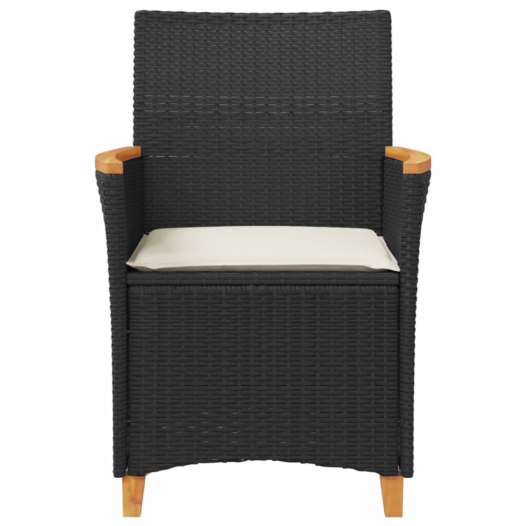 Black Poly Rattan & Wood Garden Chairs with Cushions - Set of 2