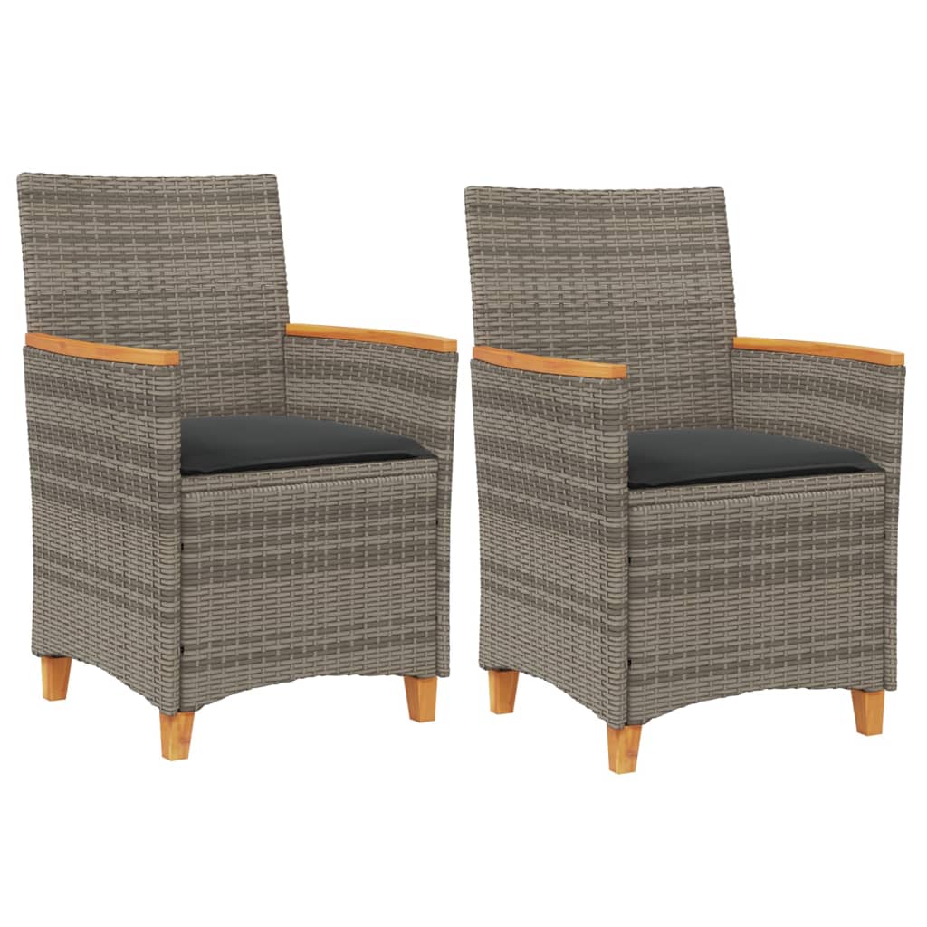 Elegant Grey Poly Rattan & Wood Garden Chairs with Cushions, 2 pcs