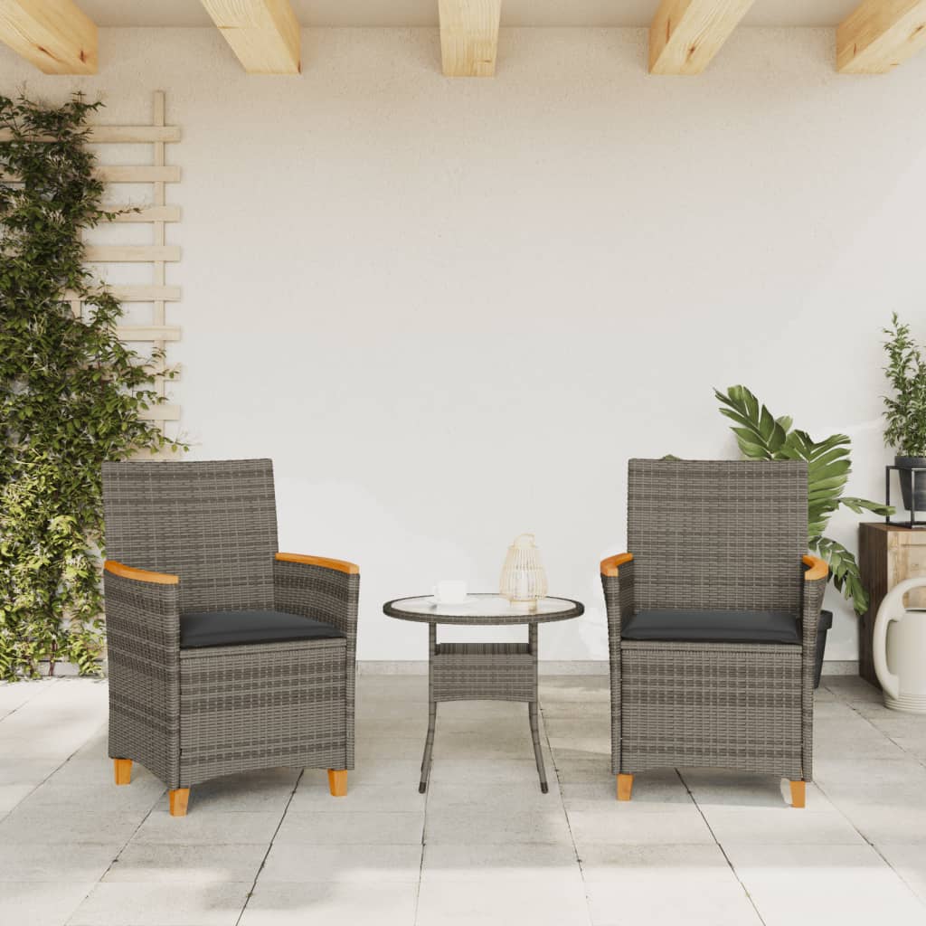 Elegant Grey Poly Rattan & Wood Garden Chairs with Cushions, 2 pcs