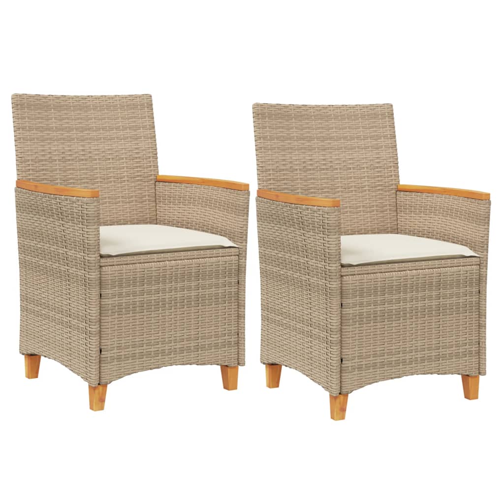 Beige Poly Rattan & Wood Garden Chairs with Cushions, Set of 2