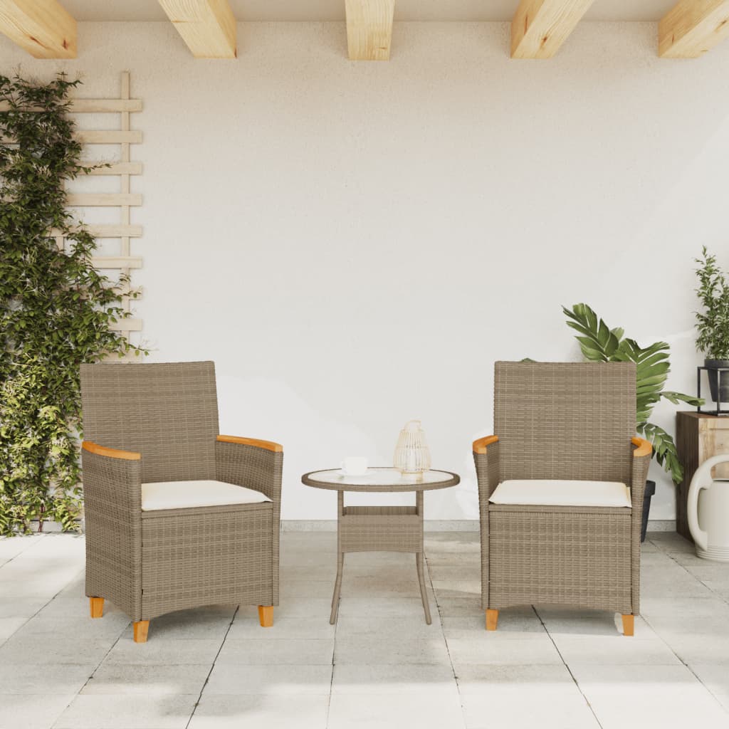 Beige Poly Rattan & Wood Garden Chairs with Cushions, Set of 2