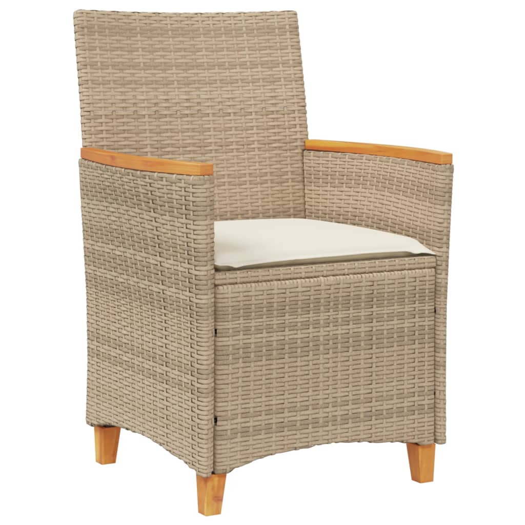 Beige Poly Rattan & Wood Garden Chairs with Cushions, Set of 2