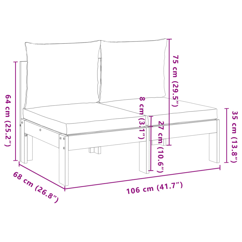 Outdoor Garden Sofa 2-Seater, Armless Solid Acacia Wood with Cushions