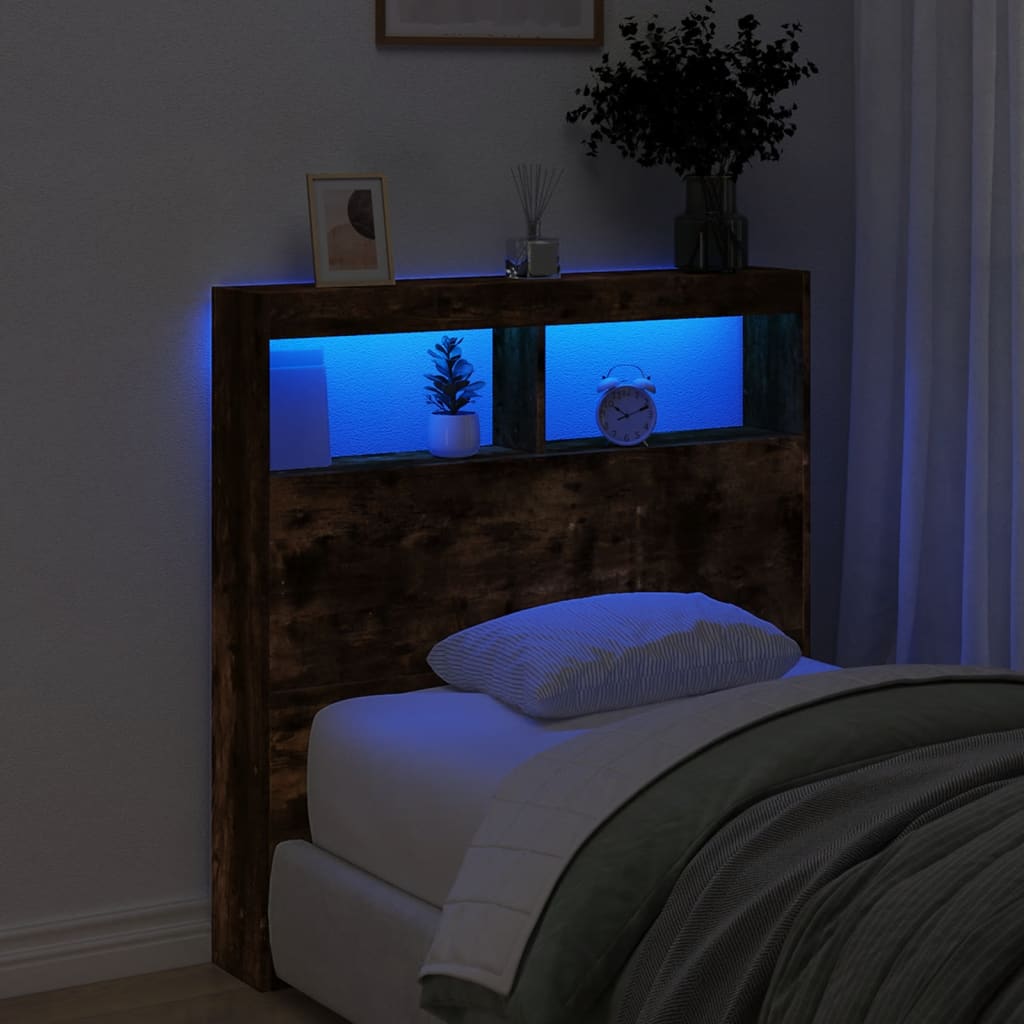 LED Smoked Oak Headboard Cabinet - 100x17x102 cm, Stylish Storage