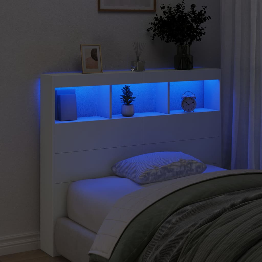 LED White Headboard Cabinet, Wood, 120x17x102 cm