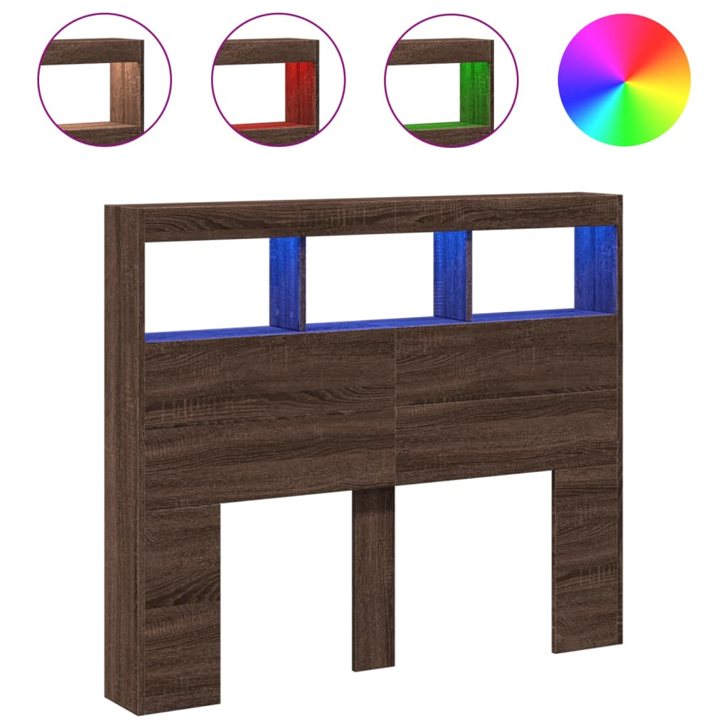 LED-Enhanced Brown Oak Headboard Cabinet, 120x17x102 cm