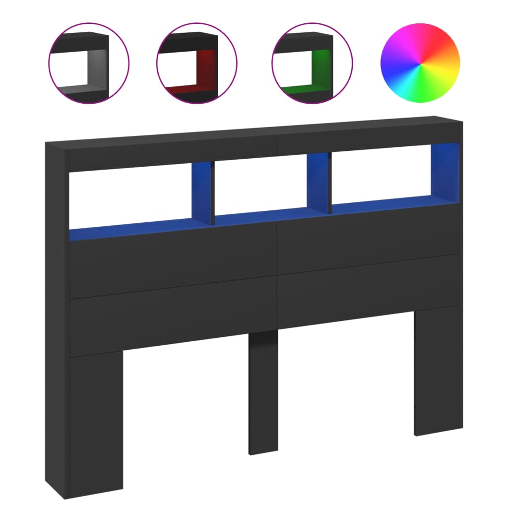 Black LED Headboard Cabinet - Sleek Storage 140x17x102 cm