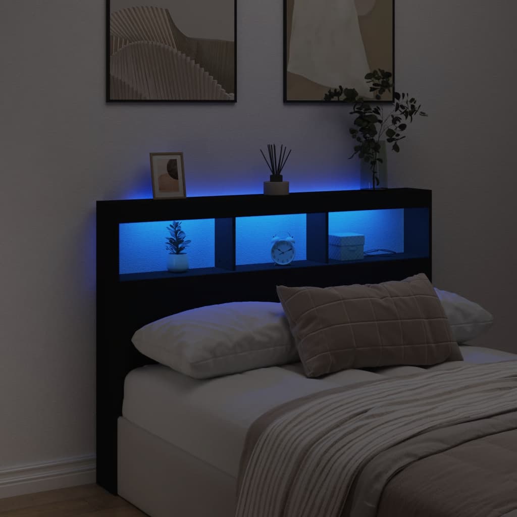 Black LED Headboard Cabinet - Sleek Storage 140x17x102 cm