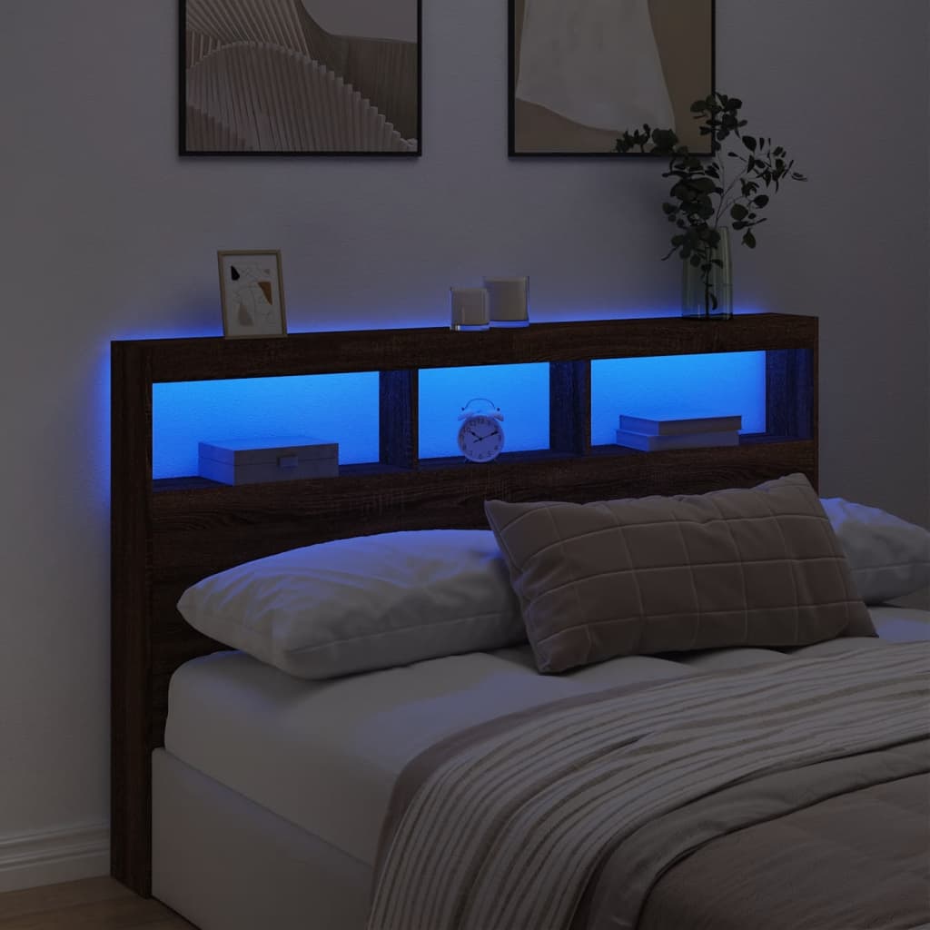 LED Headboard Cabinet - Brown Oak, 160x17x102 cm, Modern Elegance
