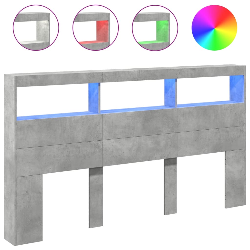 LED Headboard Cabinet, Concrete Grey - 180x17x102 cm