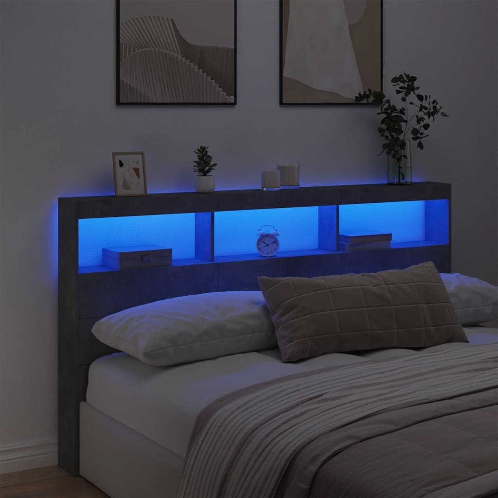 LED Headboard Cabinet, Concrete Grey - 180x17x102 cm