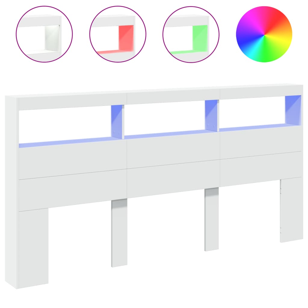 White Headboard Cabinet with LED Lights, Wood, 200x17x102 cm