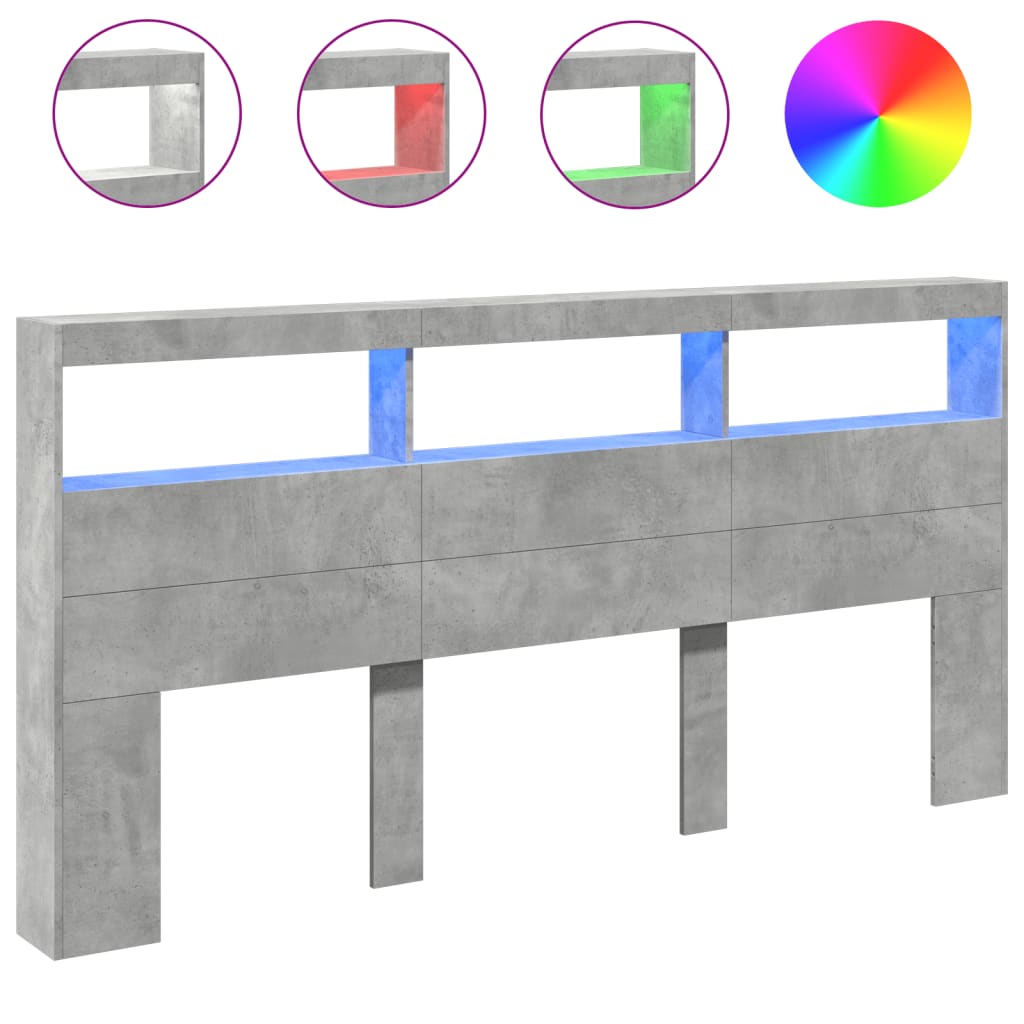LED Headboard Cabinet, Concrete Grey, 200x17x102 cm, Modern Style