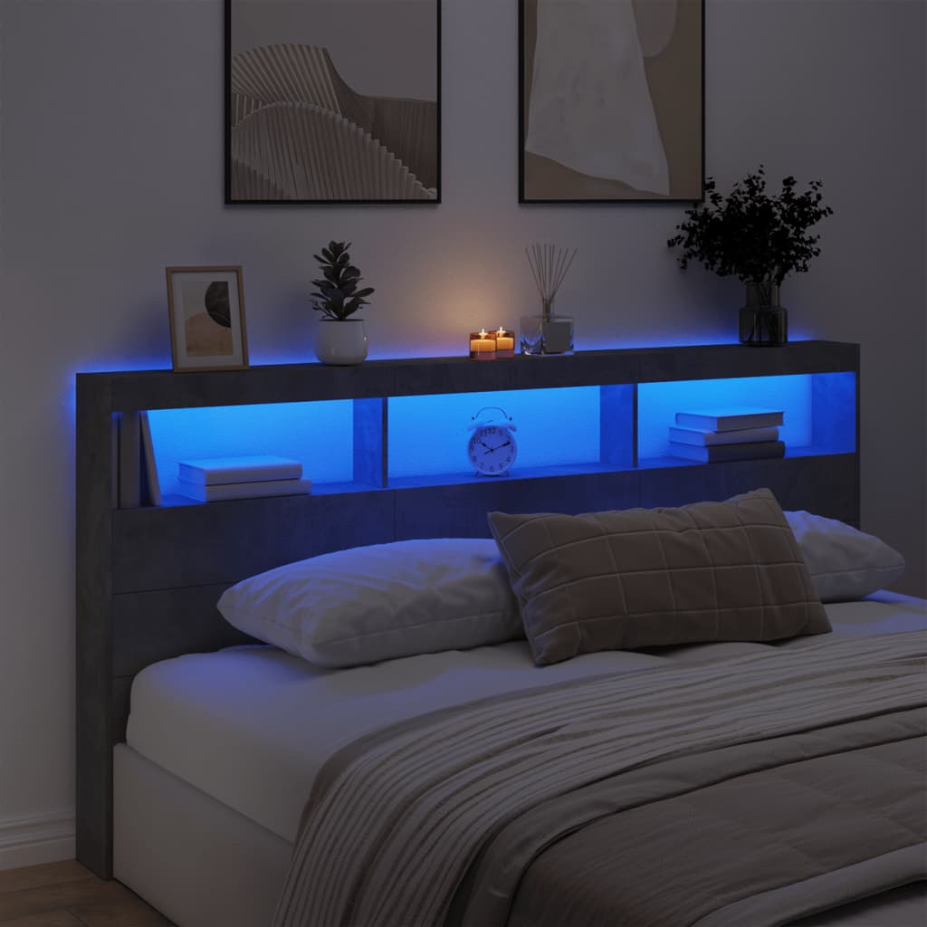 LED Headboard Cabinet, Concrete Grey, 200x17x102 cm, Modern Style