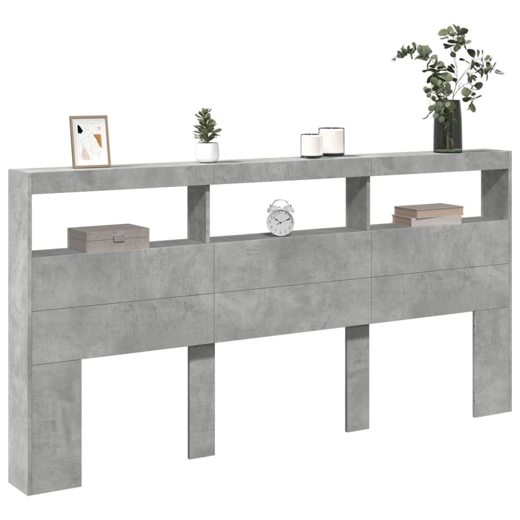 LED Headboard Cabinet, Concrete Grey, 200x17x102 cm, Modern Style