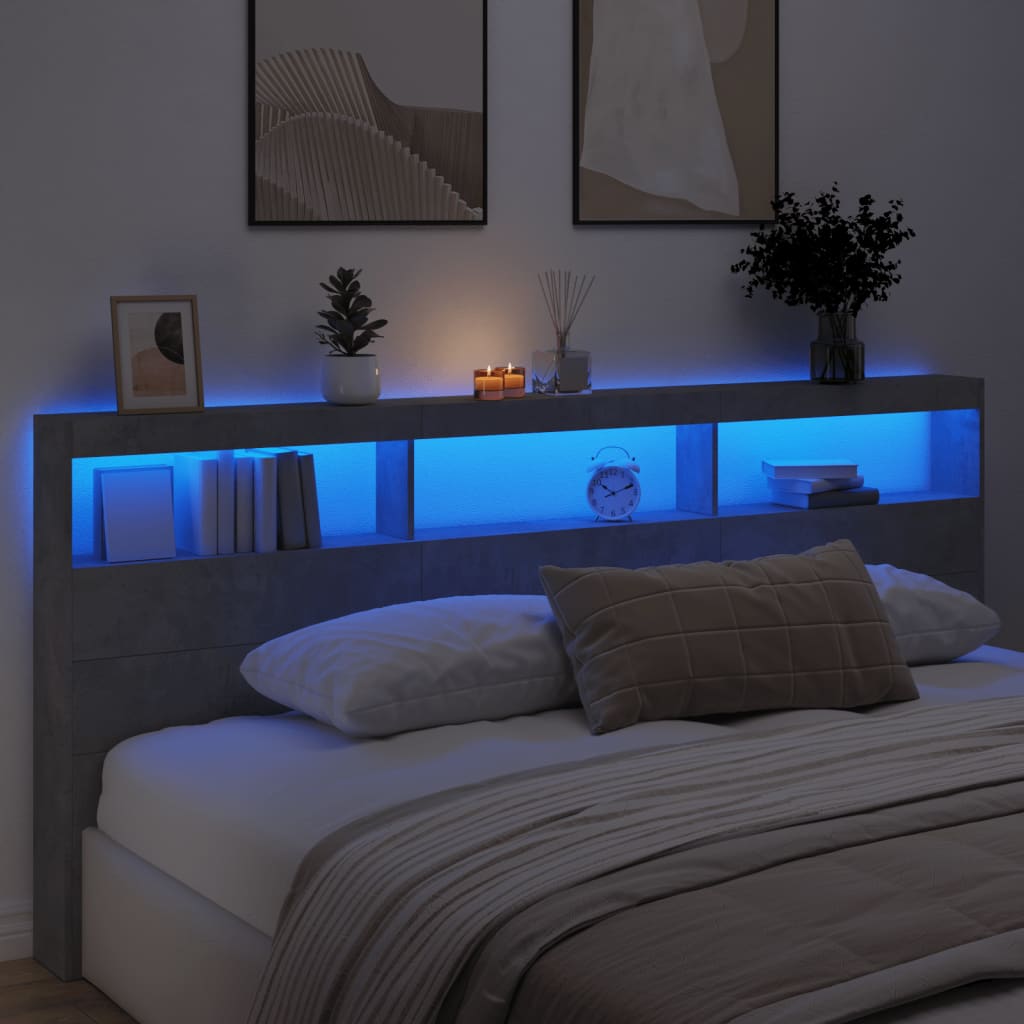 LED Headboard Cabinet - Concrete Grey, 220x17x102 cm