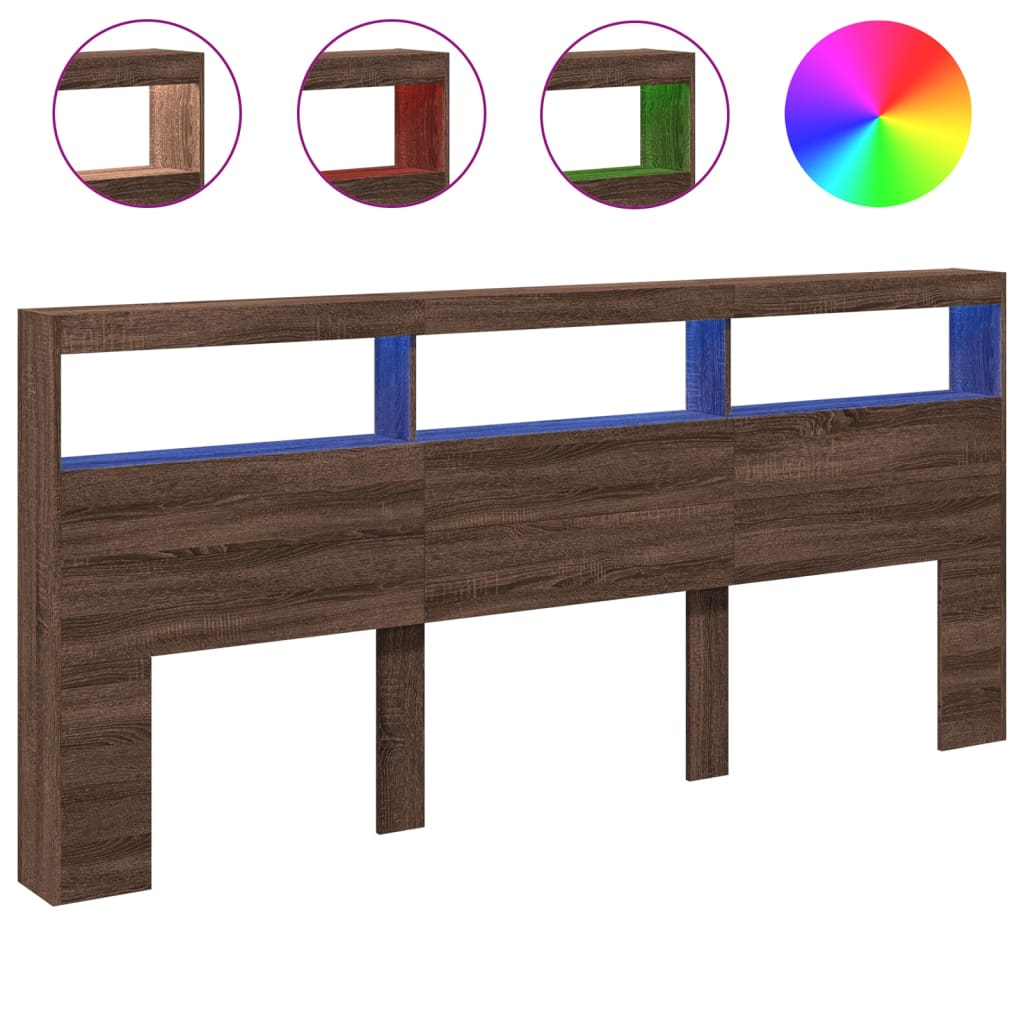 Brown Oak Headboard Cabinet with LED, 220x17x102 cm
