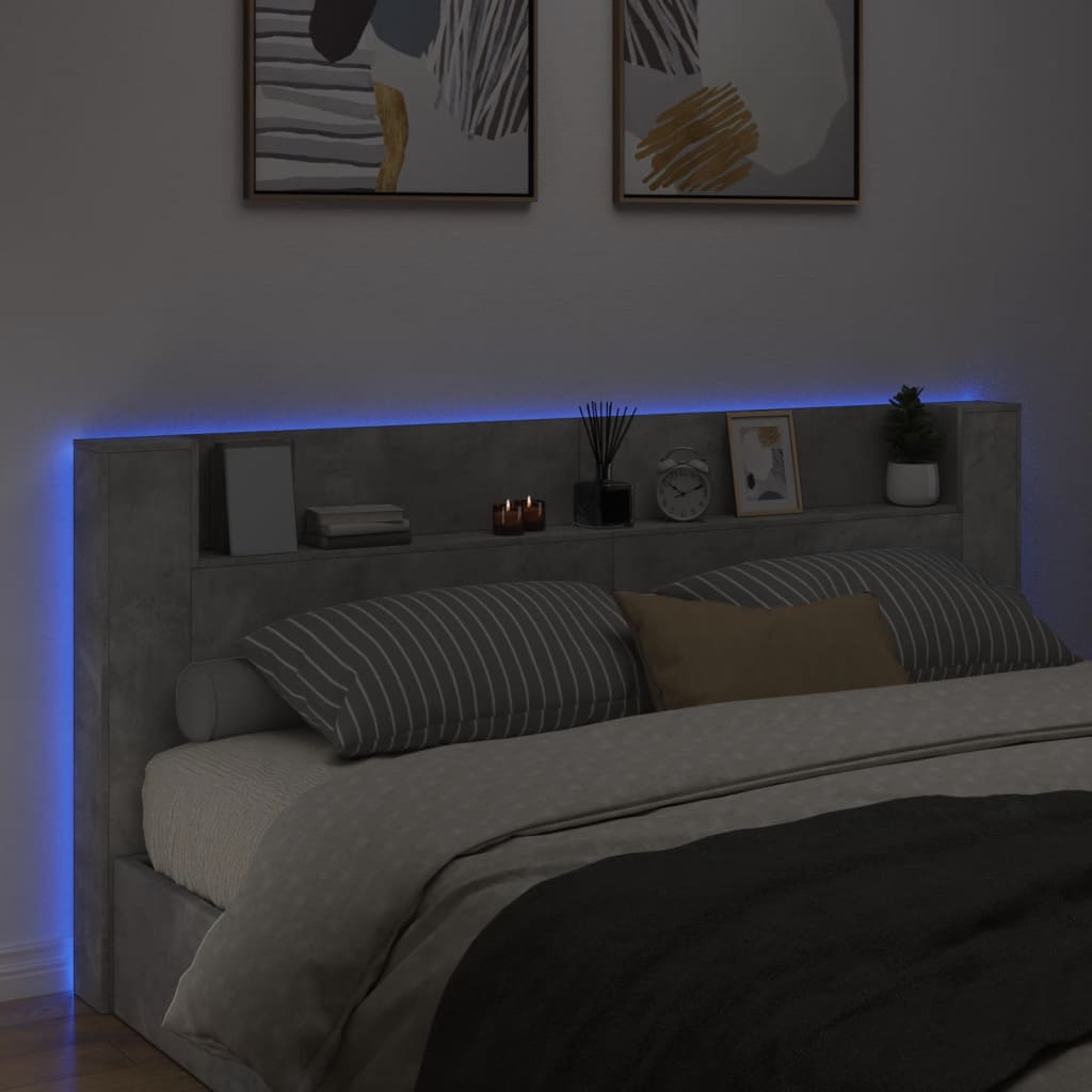 LED Concrete Grey Headboard Cabinet, 220x16.5x103.5 cm