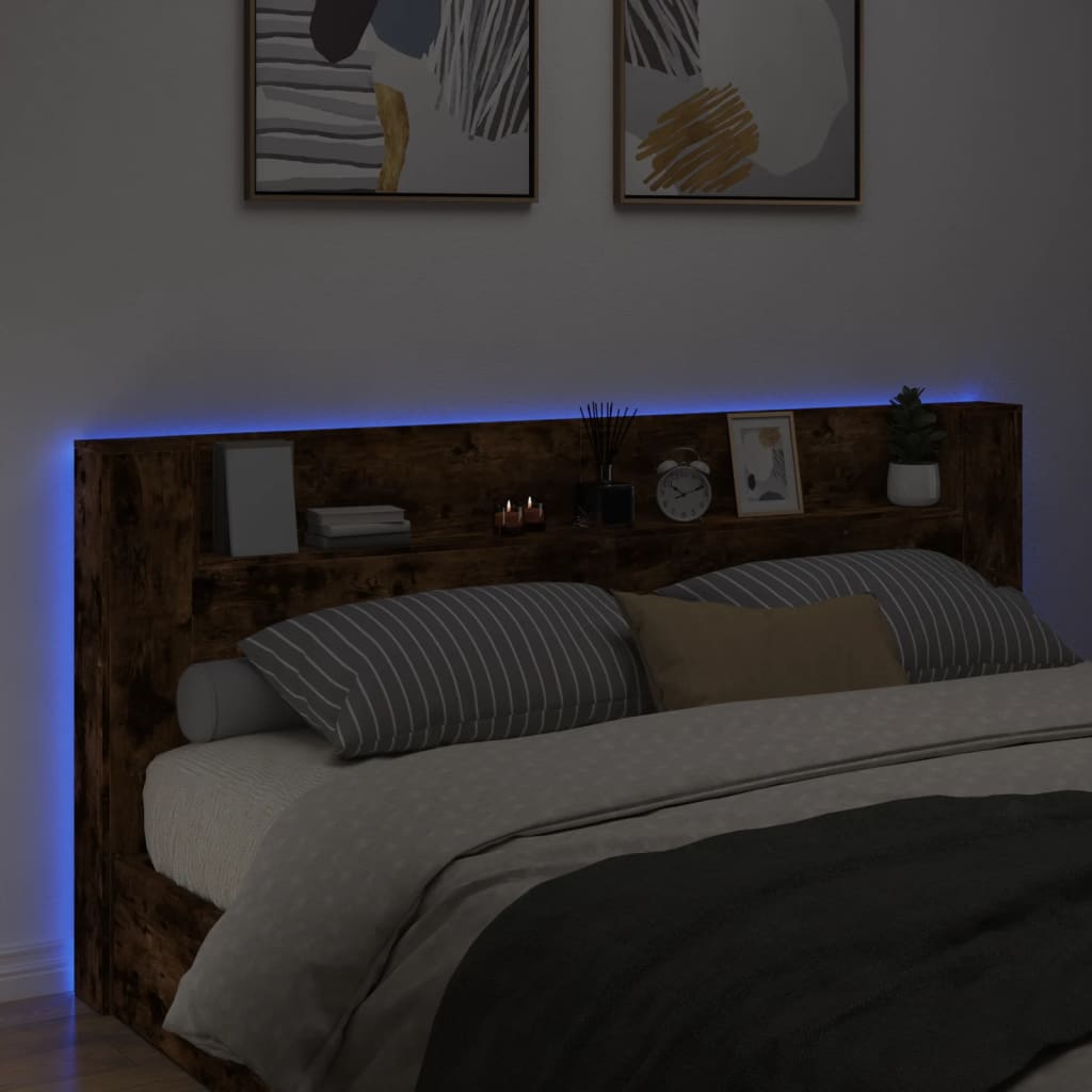 LED Smoked Oak Headboard Cabinet - 220x16.5x103.5 cm