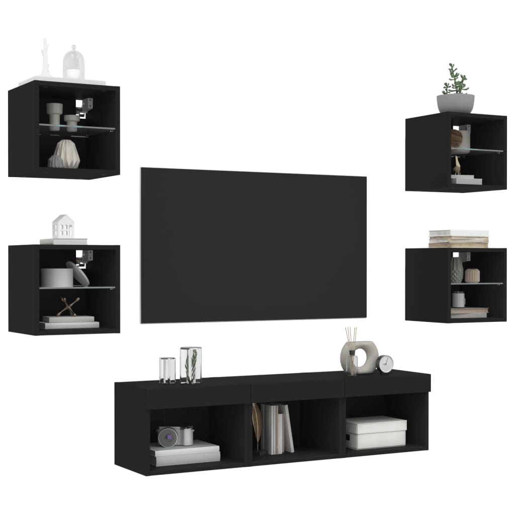 7 Piece TV Wall Units with LED Black Engineered Wood