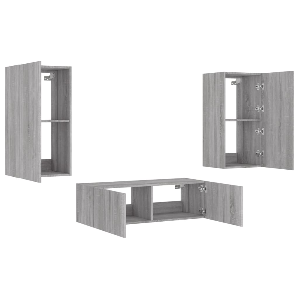 3 Piece TV Wall Cabinets with LED Lights Grey Sonoma