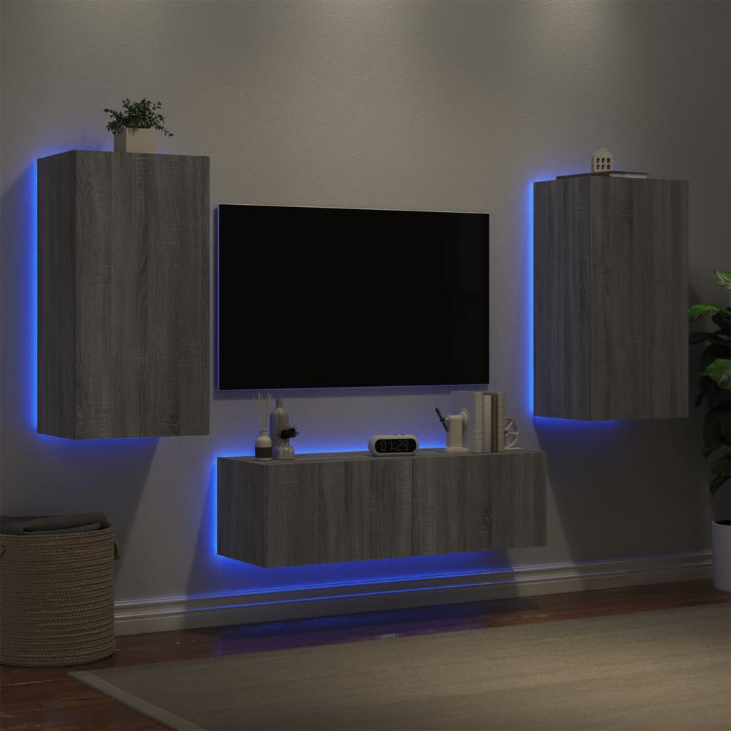 3 Piece TV Wall Cabinets with LED Lights Grey Sonoma