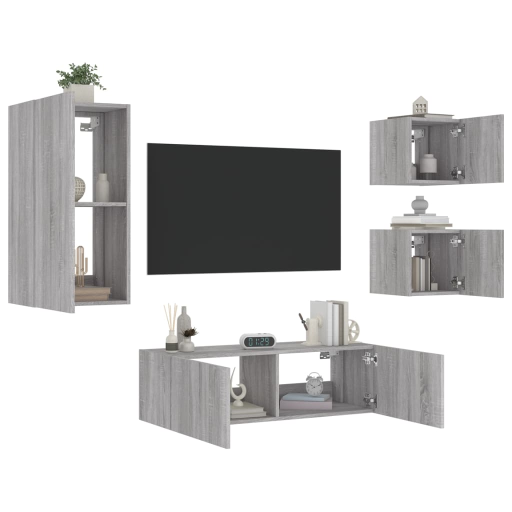 4 Piece TV Wall Cabinets with LED Lights Grey Sonoma