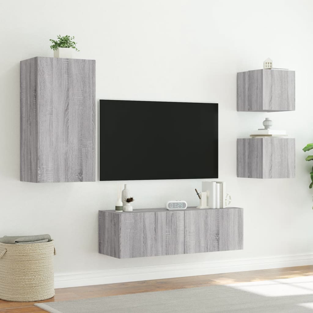 4 Piece TV Wall Cabinets with LED Lights Grey Sonoma
