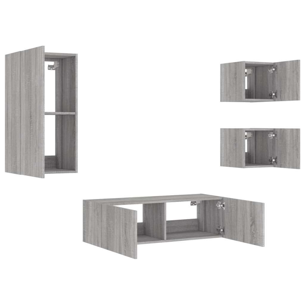 4 Piece TV Wall Cabinets with LED Lights Grey Sonoma