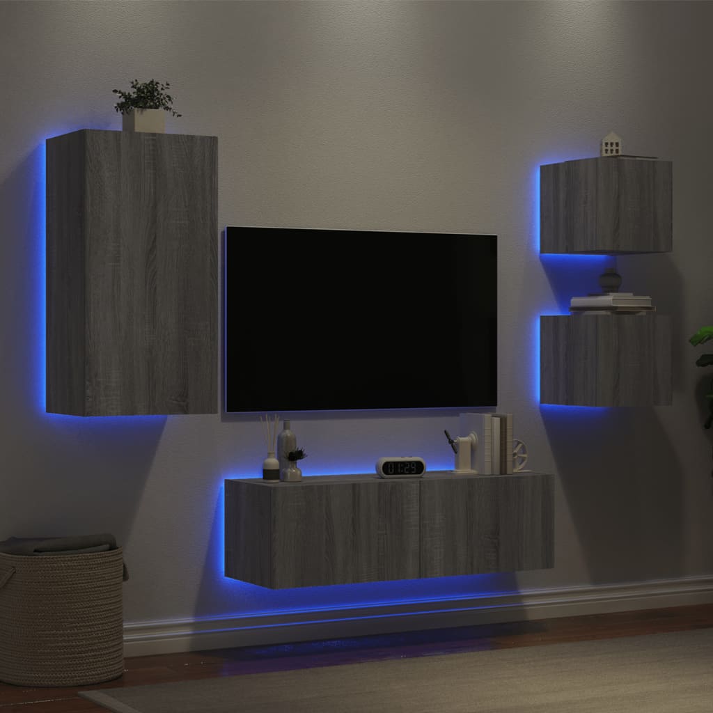 4 Piece TV Wall Cabinets with LED Lights Grey Sonoma