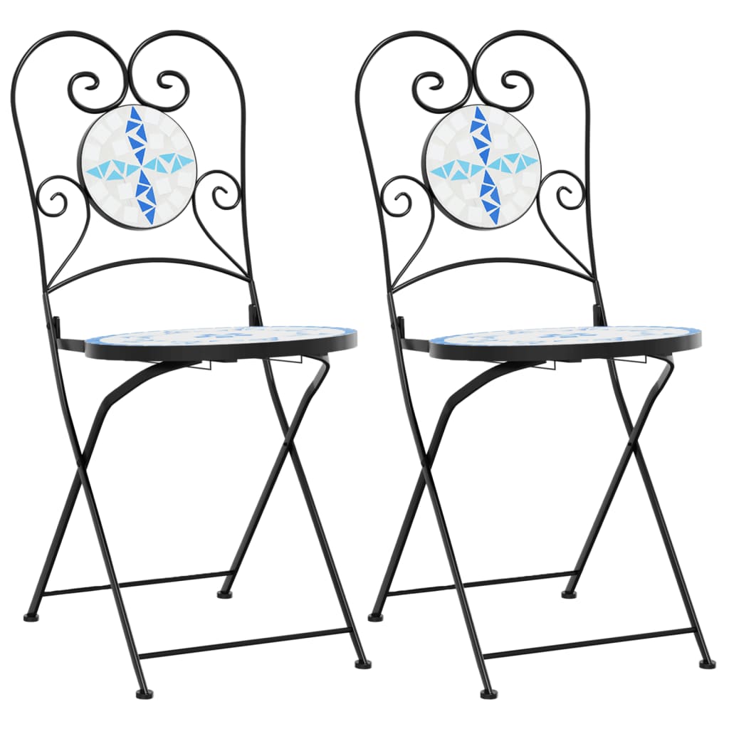 Foldable Bistro Chairs Set - 2 Pcs, Blue & White Ceramic Design
